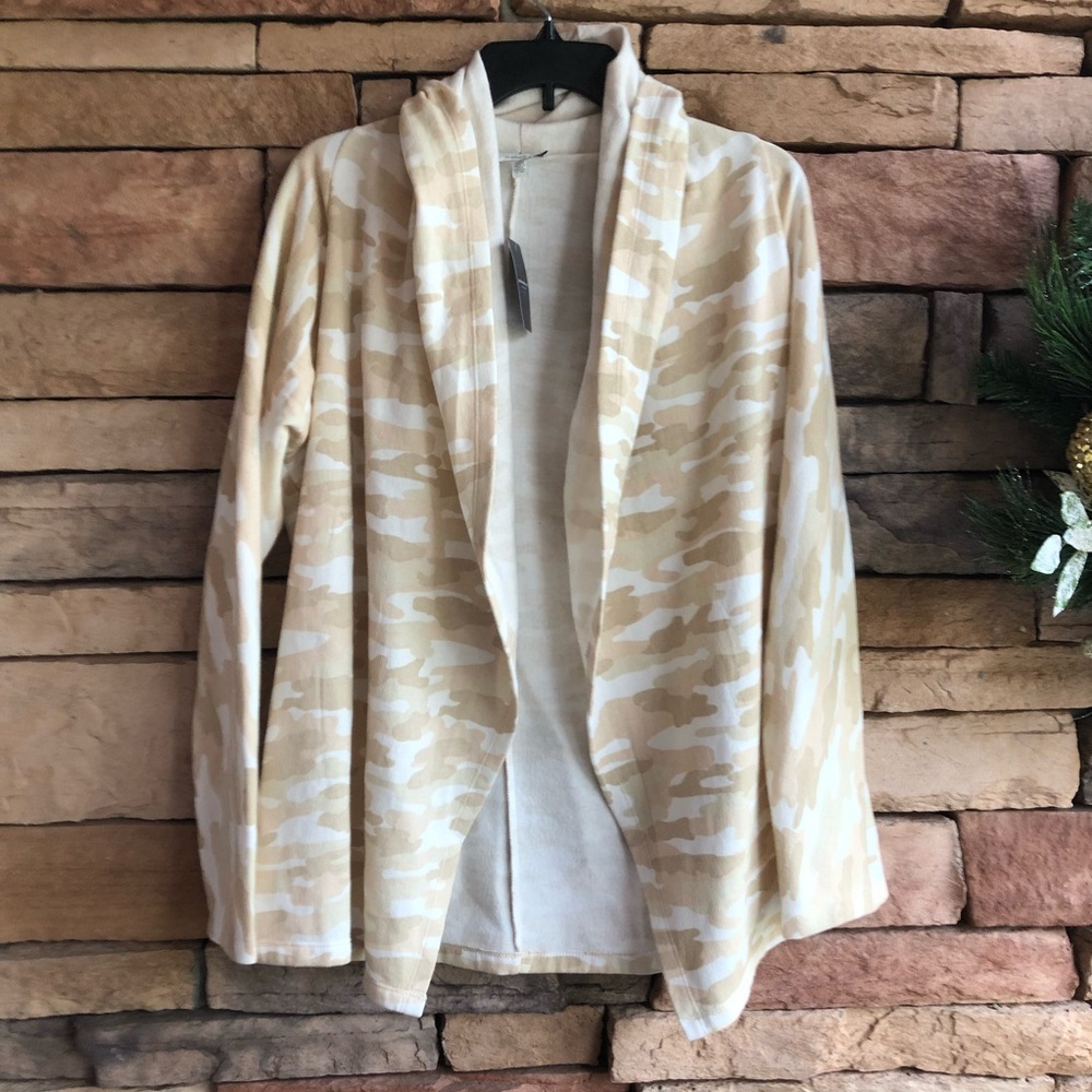 Lucky Brand tan cream camo open cardigan sweatshirt Women Medium NWT